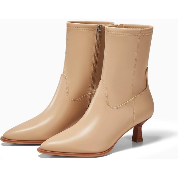 Women's Khaki Pointed Toe Ankle Boots Stacked Kitten Low Heel Side Zipper - Picture 4 of 6